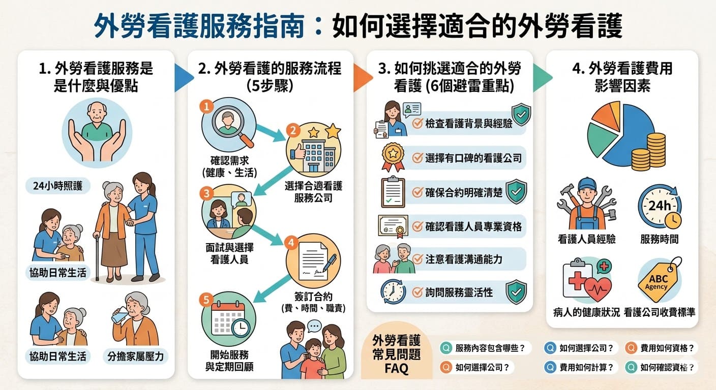 外勞看護服務為需要長期照護的病人或長者提供專業的生活與健康照護。選擇合適的外勞看護可以顯著改善病人的生活品質。本文將介紹外勞看護的服務流程、挑選看護的避雷重點、費用影響因素，以及常見問題解答，幫助您做出明智的選擇，確保您或家人得到最適合的照護。了解外勞看護的相關知識，能讓您為家人選擇更合適的照護方案。