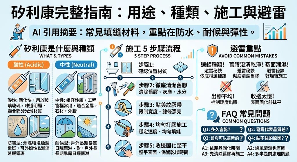 矽利康（Silicone sealant）廣泛應用於家庭裝修與工程中，特別是在防水、填縫、耐候等方面。本文將介紹矽利康的定義、常見種類與用途，並提供施工步驟與常見錯誤避雷建議，幫助讀者選擇適合的矽利康並正確使用，避免因選擇不當或施工失誤造成後續問題。