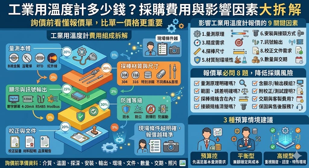 想了解工業用溫度計多少錢、報價差在哪？本文完整解析工業用溫度計的費用組成、影響價格因素、常見規格差異與詢價重點，幫助企業採購快速看懂報價單，選到符合現場需求的方案。