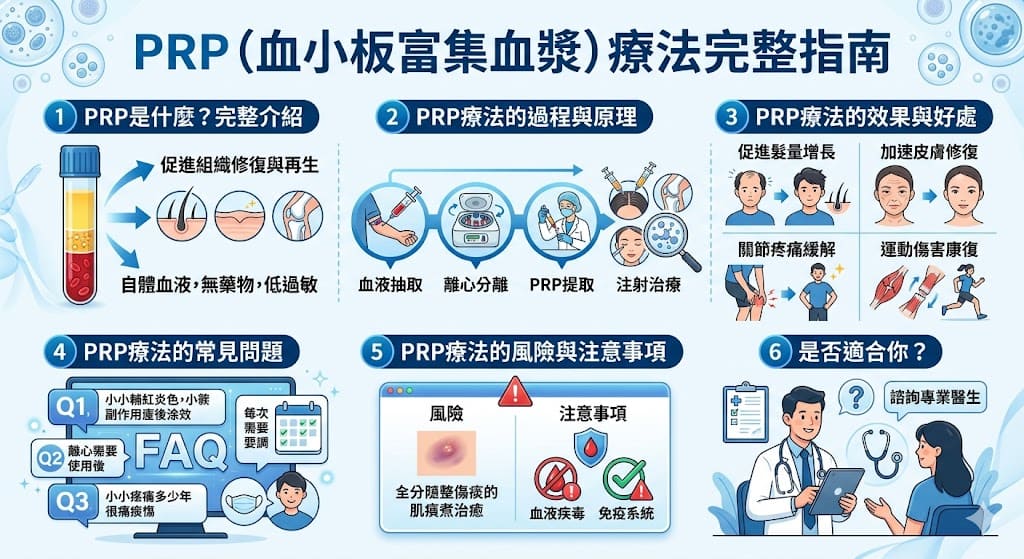 PRP（血小板富集血漿）療法是一種利用患者自身血液中的血小板來促進組織修復與再生的治療方法。常見的應用領域包括治療脫髮、皮膚再生及運動傷害等。PRP療法通過釋放生長因子，加速受損組織的修復，是一種相對安全且無需外來藥物的治療選擇。了解PRP是什麼，有助於您了解這項療法的原理、過程與效果，並為自己選擇適合的治療方案。