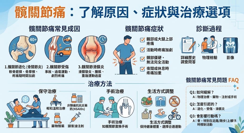 髖關節痛是一種常見的健康問題，尤其在中老年人群中較為普遍。這種疼痛通常是由於髖關節的退化、過度使用或受傷等問題引起。了解髖關節痛的常見成因以及它帶來的症狀，有助於提早診斷與治療。無論是透過保守治療、物理治療或手術方法，都能有效減輕疼痛，改善日常活動。本文將深入探討髖關節痛的診斷與治療方式，並提供緩解疼痛的有效建議。