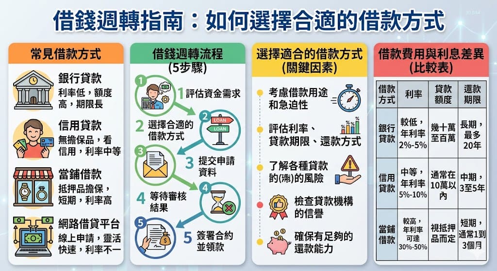 在經濟困難或資金短缺的情況下，借錢週轉成為許多人常選擇的解決方案。本文將幫助讀者了解不同的借款方式，如何選擇最合適的借錢週轉產品，並深入探討借錢週轉的流程、費用、利率差異等關鍵因素。無論是信用貸款、銀行貸款或當鋪借款，選擇正確的借款方式可以有效解決資金困境，避免不必要的風險與高額利息。