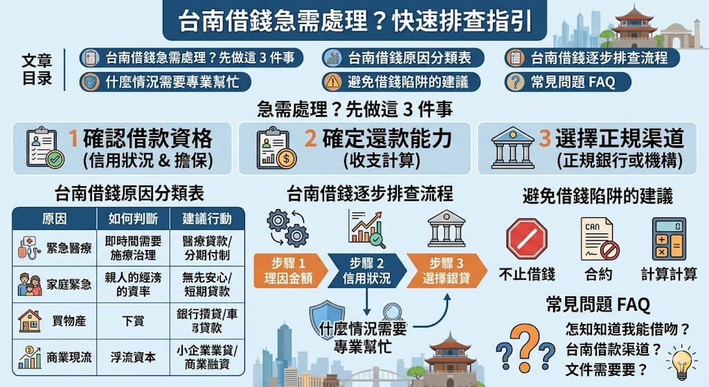 在台南借錢可能因為急需資金而變得迫切。首先了解自己的借款需求與選擇合適的渠道，能有效避免不必要的風險。本文將介紹台南借錢的常見原因分類、快速排查步驟以及專業建議，幫助您選擇正確的借款方案，從而減少不必要的負擔。如果您正在尋找快速解決資金需求的方案，這篇文章將為您提供有價值的參考。