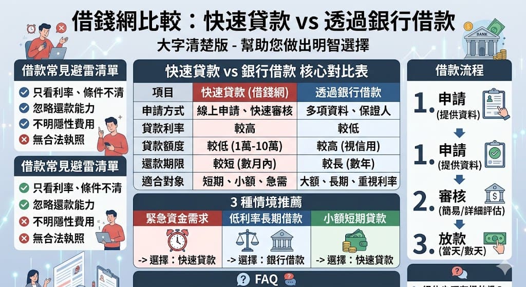 借錢網是一種便捷的網上借款服務,能夠快速提供資金,特別適合急需資金的人。相比傳統的銀行借款,借錢網通常審核快速且流程簡便,但其貸款利率較高。選擇借錢網還是透過銀行借款,取決於個人的需求與財務狀況。若是短期小額借款,借錢網是較好的選擇;而若是需要大額、長期的貸款,透過銀行借款會更有利。