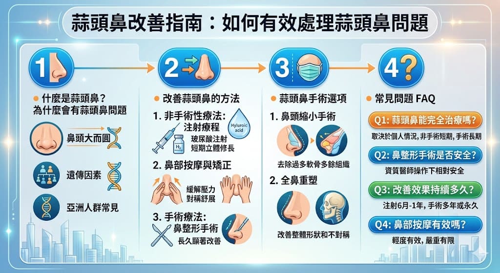 蒜頭鼻是常見的鼻型問題，主要特徵是鼻頭較大且圓，影響面部比例。這種鼻型在亞洲人群中較為常見，可能會造成外觀上的不和諧。本文將深入探討蒜頭鼻的成因、改善方法及手術選項，提供有效的解決方案，幫助那些受到蒜頭鼻困擾的人找到合適的改善方式，提升自信和美觀。