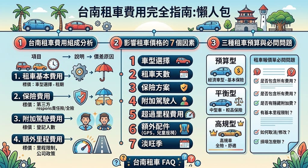 若你打算在台南租車，了解租車費用如何計算是非常重要的。台南租車的費用受多重因素影響，包括車型選擇、租期長短、是否加選保險以及是否需要附加駕駛人等。這篇文章將為你詳細解析台南租車的費用組成，並提供如何選擇最合適預算的建議，讓你可以輕鬆比較各種租車方案，選擇最符合需求的服務。