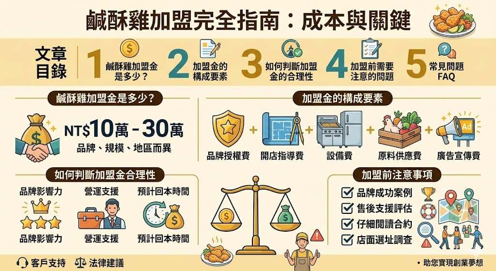 了解「鹹酥雞加盟金」的詳細構成,有助於創業者做出明智的決策。加盟金不僅涵蓋品牌授權費、開店指導等基本費用,還包括設備費、原料供應費等。若您計畫開設鹹酥雞店,了解各項費用和支出,並比較不同品牌的加盟金結構,將有助於您評估投資回報和預期回本時間,讓創業之路更加順利。