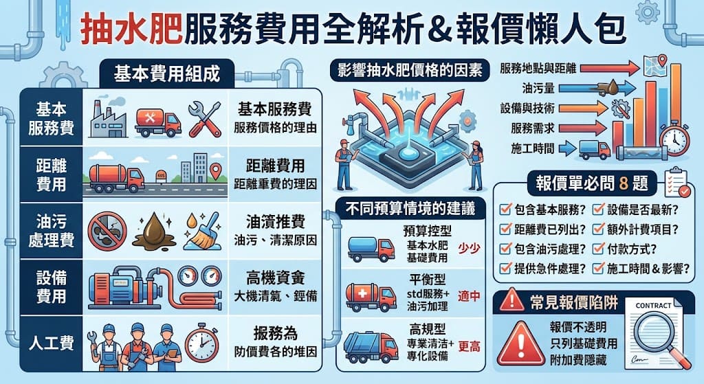 本篇文章針對「抽水肥」服務的費用進行詳細解析，幫助消費者了解抽水肥服務的報價組成及影響價格的因素。文章中提到不同地區、油污處理方式和服務設備等，如何影響最終報價，並提供了選擇服務廠商的建議與報價單必問問題。無論是家庭還是商業場所，都能從中獲得有用的抽水肥服務選擇資訊。