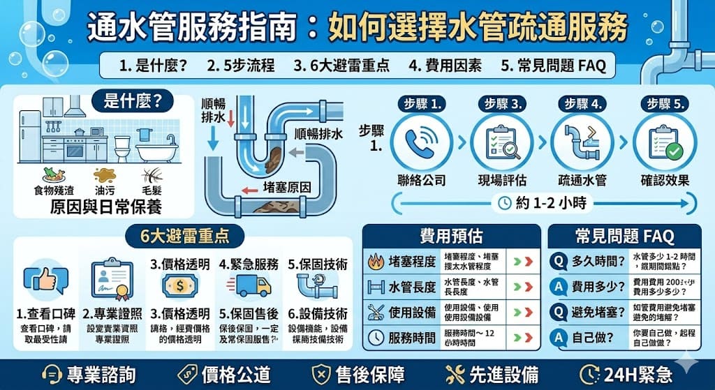 當水管發生堵塞時，尋找專業的通水管服務成為解決問題的最佳選擇。通水管服務不僅能夠快速有效地疏通堵塞的水管，還能預防未來的排水問題。在選擇水管疏通公司時，您需要注意價格、服務流程以及專業程度。本文將幫助您了解如何選擇合適的通水管服務，避免常見的選擇陷阱，並確保水管維護的長期效果。