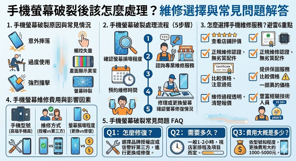 當手機螢幕破裂時，該如何處理才能有效解決問題呢？本文將介紹手機螢幕破裂的常見原因及處理方法，並提供如何選擇合適的維修服務。手機螢幕破裂後的維修費用、時間以及選擇正確維修店的要點都會進行詳細解說。無論是螢幕完全破裂還是僅有裂痕，本文都能幫助你做出最合適的決定，讓你的手機恢復正常使用。
