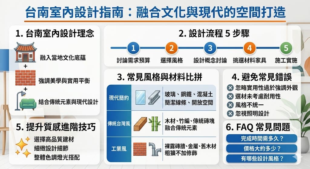 台南室內設計結合了當地的歷史文化與現代美學，無論是住宅還是商業空間，都能根據需求打造獨特的設計風格。選擇適合的材料、色彩和家具，並注意空間功能性，能夠為居住者或使用者創造出既美觀又實用的環境。本文深入探討台南室內設計的設計流程、常見風格和選材建議，幫助讀者了解如何利用台南的設計理念來提升生活質感。
