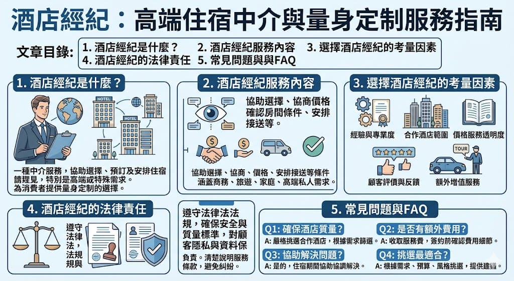 酒店經紀是一種專業的服務,旨在協助顧客選擇、預訂並安排適合的酒店住宿。專業的酒店經紀人不僅能提供多樣的住宿選擇,還能根據顧客需求進行價格協商及附加服務的安排。選擇一位經驗豐富的酒店經紀人,不僅能提升旅行的舒適度,還能避免不必要的麻煩。了解酒店經紀服務的內容與選擇因素,有助於您找到最適合的服務,享受無憂的住宿體驗。