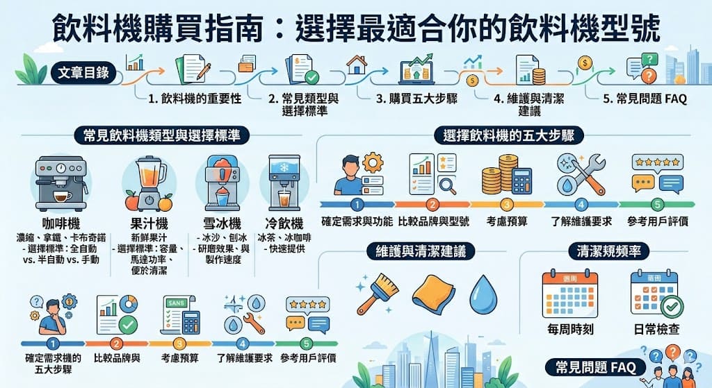 如果你正在考慮購買一台飲料機，這篇文章將幫助你了解如何選擇最合適的型號。無論是咖啡機、果汁機還是冷飲機，市場上有許多選擇。文章深入探討不同飲料機的功能與維護需求，讓你能根據使用需求、預算及空間選擇最佳飲料機。這樣不僅能提高製作效率，還能保證飲品品質，適合需要大量飲品製作的場所或家庭使用。