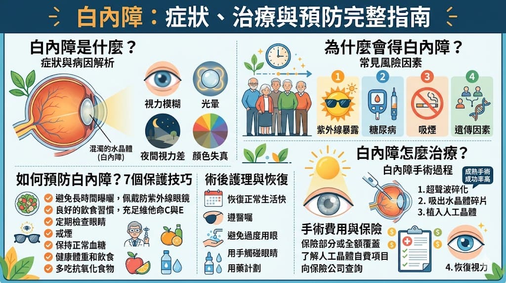 白內障是隨著年齡增長最常見的眼部疾病之一,會導致視力模糊、光暈等問題,並影響日常生活。這篇文章詳細介紹了白內障的症狀、成因以及如何進行治療,包括白內障手術的過程和術後護理。除了介紹常見的治療方法外,我們還提供了有效的預防建議,幫助減少白內障的發病風險。了解白內障及其管理方式,對保護眼睛健康至關重要。