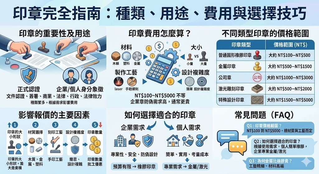 本篇文章深入探討了印章的多種用途及其在不同領域中的重要性,並詳細解析了印章的費用結構。從個人印章到企業印章,根據材質、大小與設計工藝的不同,印章的價格也會有所不同。了解這些影響價格的因素能幫助你選擇最合適的印章,無論是橡膠印章還是金屬印章,都能讓你根據需求做出最具性價比的選擇。