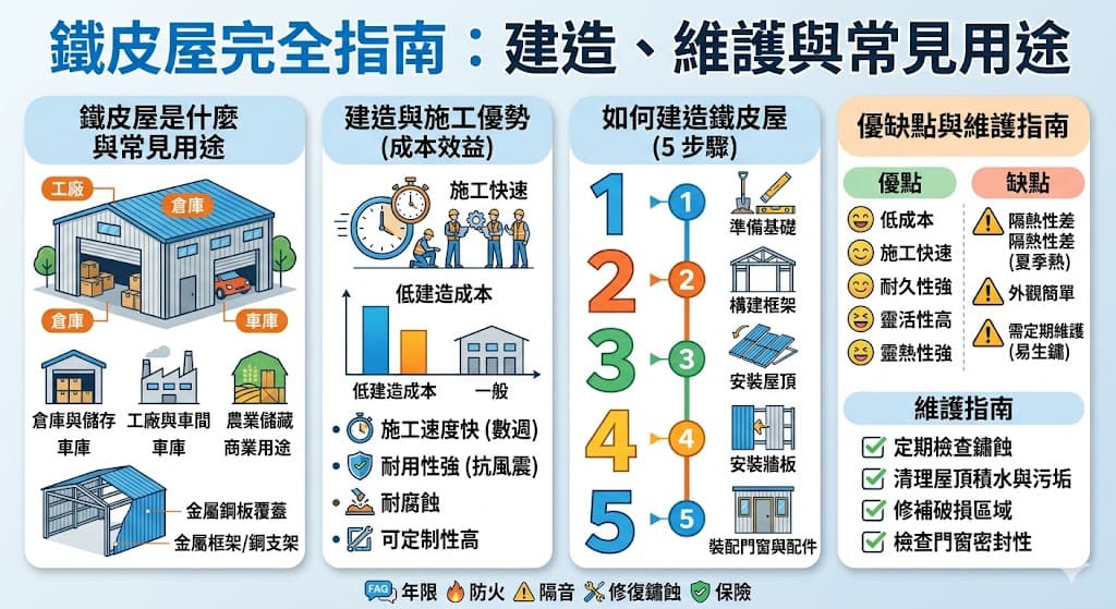 鐵皮屋是一種常見的建築形式，因其低成本、快速施工和耐用性而廣泛應用於工廠、倉庫和車庫等場所。本文詳細介紹鐵皮屋的結構設計、建造過程以及它的主要功能，並探討鐵皮屋的優缺點。了解如何建造和維護鐵皮屋能有效延長其使用壽命，讓您更清楚何時適合選擇建造鐵皮屋，並從中獲得最大的成本效益。