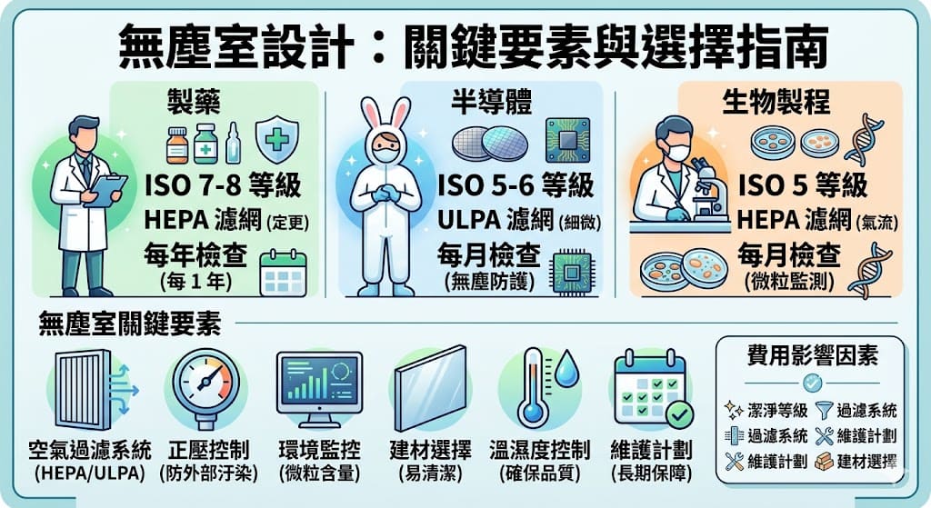 無塵室設計是許多行業中不可或缺的一部分,尤其在半導體、製藥和生物醫學領域。無塵室設計不僅需要考慮潔淨等級、空氣過濾系統和正壓控制等核心要素,還需要根據不同的使用需求選擇合適的設計方案。本文將帶您了解無塵室設計的關鍵要素,並提供不同設計需求下的選擇指南,幫助您選擇最適合的無塵室設計方案。