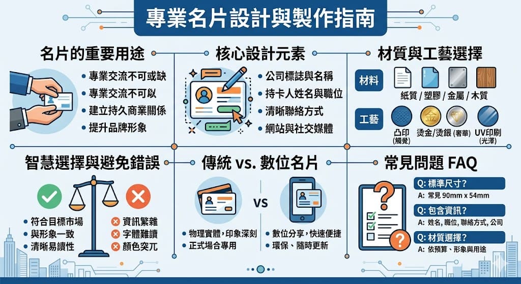 名片是商業場合中不可或缺的工具，它不僅能提供聯絡方式，還能彰顯個人或公司的專業形象。無論是傳統的紙質名片還是現代的數位名片，選擇合適的設計和材質至關重要。本文深入探討了名片設計的基本元素、選擇合適的材質與印刷工藝，並比較數位名片與傳統名片的優勢，幫助您更好地理解如何設計一張具有影響力的名片。