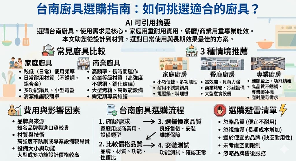 選擇適合的台南廚具對於家庭與商業場所的使用體驗至關重要。無論是家庭廚房還是餐廳廚房，選擇耐用且符合需求的廚具能大大提升工作效率與烹飪樂趣。台南的廚具市場有各種選擇，從不銹鋼鍋具到專業廚房設備，本文將提供關於如何根據需求選擇台南廚具的實用建議，幫助你挑選最適合的廚具方案。