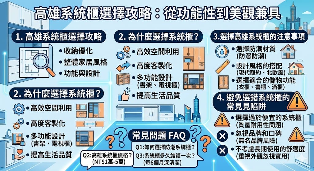 高雄系統櫃因其高度客製化設計，成為現代家居設計的理想選擇。無論是針對空間的高效利用，還是對整體家居風格的美化，系統櫃都能提供完美的解決方案。這篇文章將深入探討如何選擇適合高雄家居需求的系統櫃，從材質、設計、尺寸到功能性的搭配，幫助您在選購時避免常見陷阱，輕鬆選出最合適的系統櫃，提升居家生活質感。
