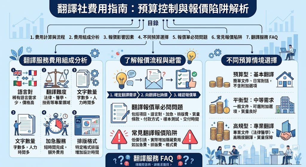 在選擇翻譯社時，了解費用結構和報價流程是至關重要的。翻譯服務的價格通常受語言對、翻譯難度及專業領域影響，翻譯社的報價可能會有所不同。無論是一般文檔翻譯還是專業領域的翻譯，消費者應該了解每個費用項目，避免隱藏費用的發生。本文將詳細介紹翻譯社的報價單組成、影響因素以及不同預算情境的選擇，幫助您做出最合適的決策。