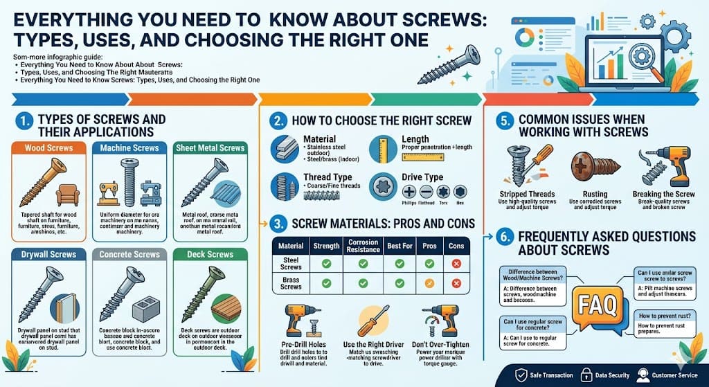 This article provides a comprehensive guide on screws, covering their different types, uses, and how to choose the right screw for various projects. Whether you're working with wood, metal, or drywall, understanding screws is essential for ensuring strong, durable connections. It discusses the various materials, sizes, and thread types of screws, helping readers select the perfect one for their needs. Additionally, tips for proper installation and troubleshooting common issues with screws are included to ensure successful projects.