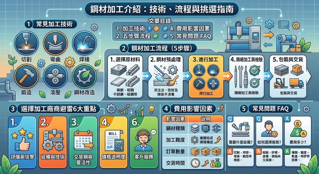 鋼材加工是現代工業中關鍵的製程,涉及將鋼材通過切割、焊接、鍛造等方式加工成不同形狀的產品。這些加工技術廣泛應用於建築、機械、汽車等行業,並且對產品的質量和性能有重要影響。選擇合適的鋼材加工廠商,不僅能確保加工質量,還能幫助企業降低成本並提高生產效率。了解鋼材加工的技術與流程,對於選擇合適的服務商至關重要。