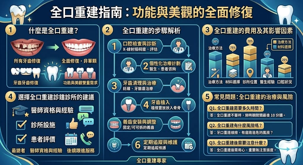 全口重建推薦是針對那些牙齒損壞或缺失的患者所提供的專業修復服務。此治療涉及多個步驟,包括牙齒植入、義齒設計與後續的維護,旨在恢復口腔的功能和美觀。選擇合適的診所是成功治療的關鍵,建議患者根據醫生經驗、診所設施以及過往患者的評價來做出決策。全口重建推薦讓您重拾自信笑容,恢復良好的生活品質。
