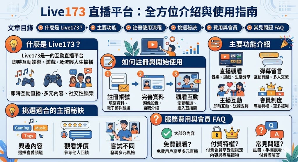 Live173 是一個熱門的即時互動直播平台，提供多樣化的直播內容，從娛樂、音樂、遊戲到生活分享應有盡有。用戶可在平台上與主播進行即時互動，並且享受豐富的娛樂體驗。無論是想尋找直播娛樂還是與主播互動，Live173 都能提供您完整的直播服務。本文將詳細介紹如何註冊、使用 Live173 平台的功能、挑選合適的主播內容，並解答常見問題，幫助您更好地享受這個平台。