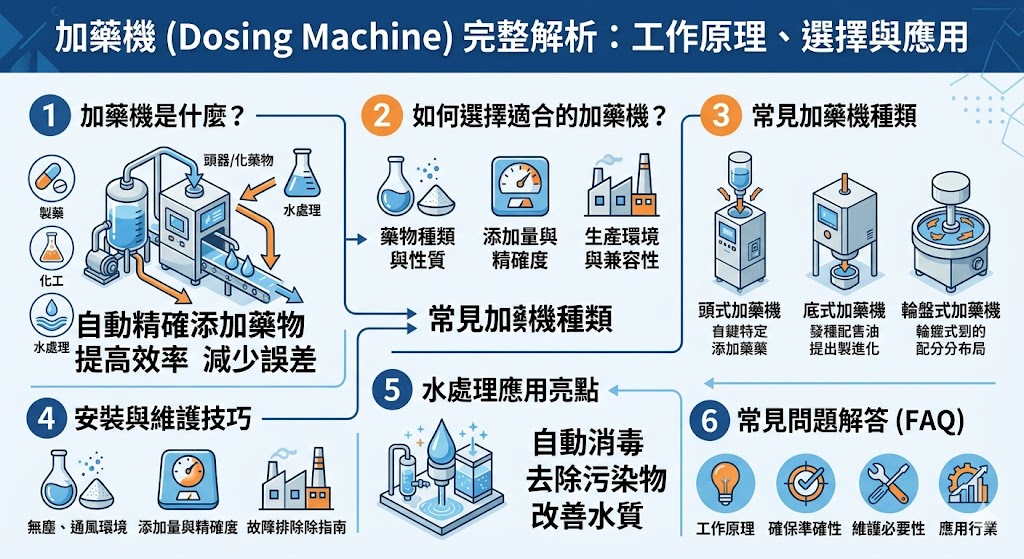 加藥機是一種廣泛應用於製藥、化工及水處理等領域的自動化設備。它可以精確地將藥物或化學劑添加到液體中，顯著提高工作效率與準確度。選擇合適的加藥機能夠大幅提升生產流程的穩定性與安全性。本篇文章將詳盡介紹加藥機的工作原理、選擇指南、常見類型及維護技巧，幫助使用者更好地理解與選擇適合的加藥機設備，從而優化操作流程和成本效益。