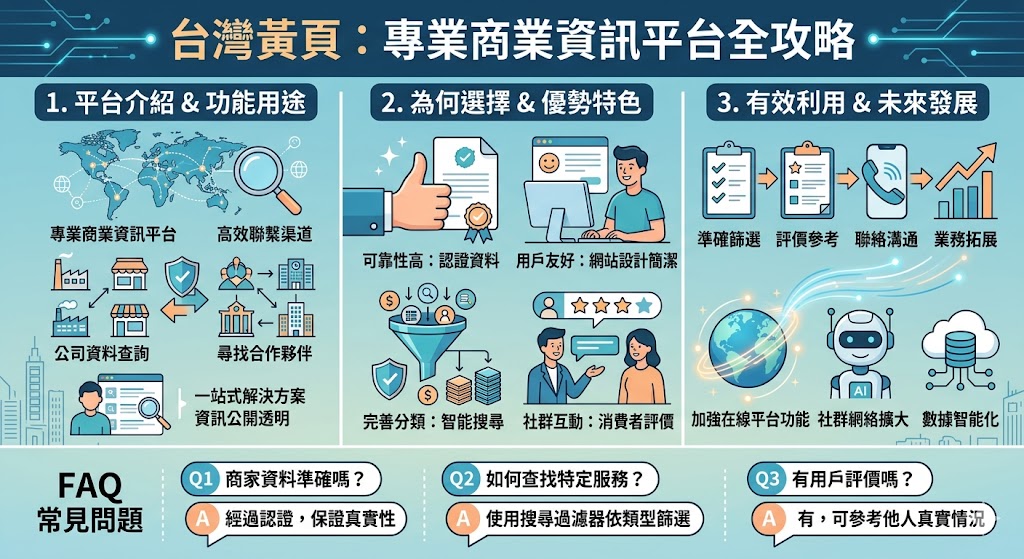 台灣黃頁是台灣地區最具權威的商業查詢平台，提供廣泛的商業資訊，包括各行業商家的詳細資料。無論是企業尋找合作夥伴，還是消費者查詢服務，台灣黃頁都能快速精確地提供所需資訊。透過台灣黃頁，用戶能夠輕鬆找到認證商家，並在繁忙的市場中發現更多商機。平台的功能與特色，使得企業在競爭激烈的市場中更加輕鬆達到商業目標。