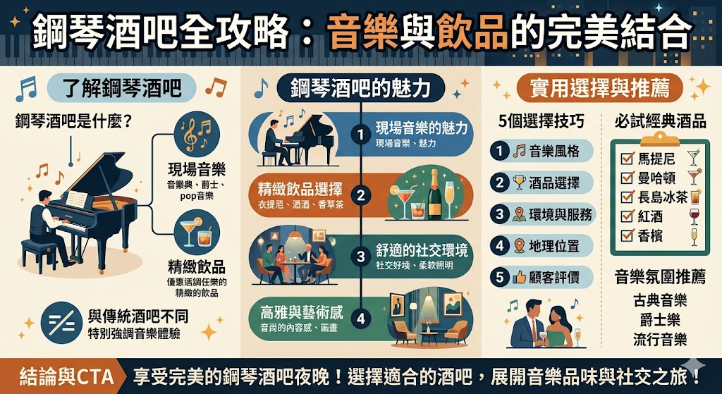 鋼琴酒吧結合了音樂和飲品，為顧客提供了一個獨特的夜生活體驗。無論是聆聽現場鋼琴演奏，還是品嚐精緻的雞尾酒和紅酒，鋼琴酒吧都能營造出一個放鬆、優雅的氛圍，讓人享受每一刻的時光。這篇文章介紹了鋼琴酒吧的魅力，如何挑選適合的場所、必試的酒品與音樂風格，幫助你在鋼琴酒吧中度過一個完美的夜晚。