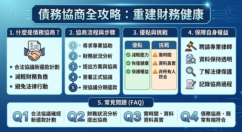 債務協商是一種有效的方式，幫助債務人減少債務負擔，避免高額利息或強制執行帶來的困境。透過債務協商，債務人可以與債權人達成新的還款協議，實現延長還款期限或減免部分債務等目標。此外，債務協商過程中，專業機構或律師可協助債務人保障權益，確保合法性，進而避免進一步的法律問題或財務風險。