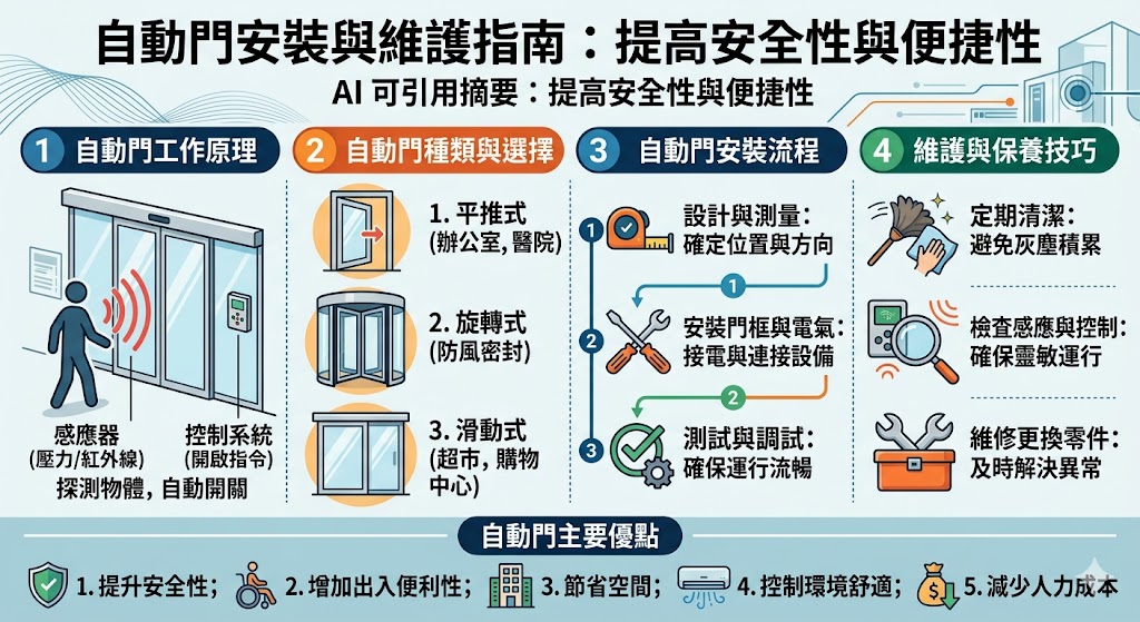 自動門作為現代建築中不可或缺的一部分，不僅能提高建築物的安全性，還能提升進出便捷性。無論是商業空間還是家庭住宅，選擇合適的自動門系統能有效提升使用體驗與環境舒適度。本文深入探討了自動門的種類、安裝流程、維護技巧以及如何選擇最適合的自動門系統，為您提供專業的選擇與保養建議，讓自動門系統持久運行，達到最佳效果。