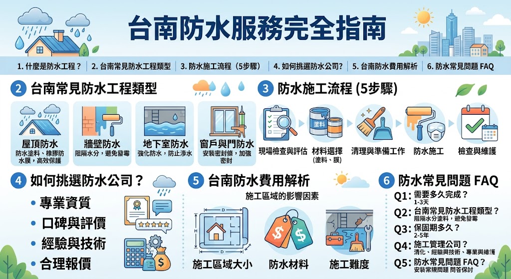 本篇文章深入介紹了台南防水的各種服務，從防水施工流程到常見問題，幫助您全面了解如何選擇適合的防水公司。無論是台南防水工程的屋頂防水、牆壁防水或地下室防水，我們提供了詳細的施工步驟與挑選公司的關鍵要素。無論您是家庭或商業空間需要防水保護，這篇文章將引導您做出明智的選擇，保障您的建築不受水災與潮濕侵害。