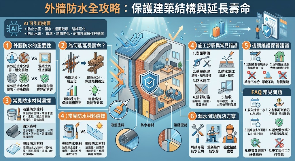 外牆防水對建築物的耐用性和舒適性至關重要。這篇文章詳細介紹了外牆防水的重要性、常見的防水材料、施工步驟及常見錯誤，並提供了有效的維護與保養建議。適當的外牆防水處理不僅能防止水分侵害，還能有效延長建築物的使用壽命，避免因為漏水而造成的結構損壞。了解如何正確施工與選擇合適材料是確保防水效果的關鍵。