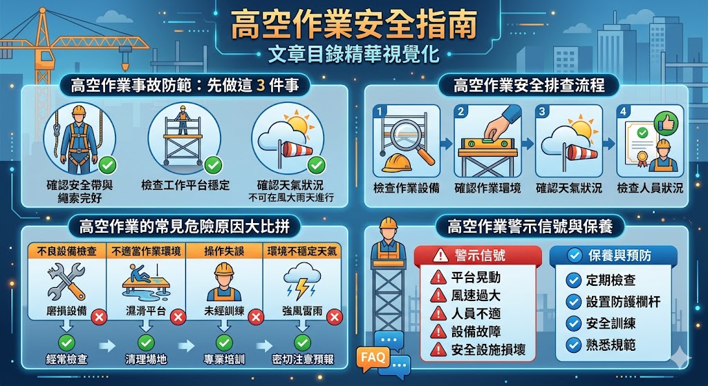 高空作業是風險極高的工作，正確的準備與排查是確保作業安全的關鍵。這篇文章將介紹高空作業的基本安全措施，如何進行有效的安全排查，並提供高空作業常見風險的辨識方法。從設備檢查、環境準備到天氣監控，文章提供實用的步驟幫助作業人員防範事故發生，確保作業過程中每一個細節都不忽視，從而保證高空作業的安全。