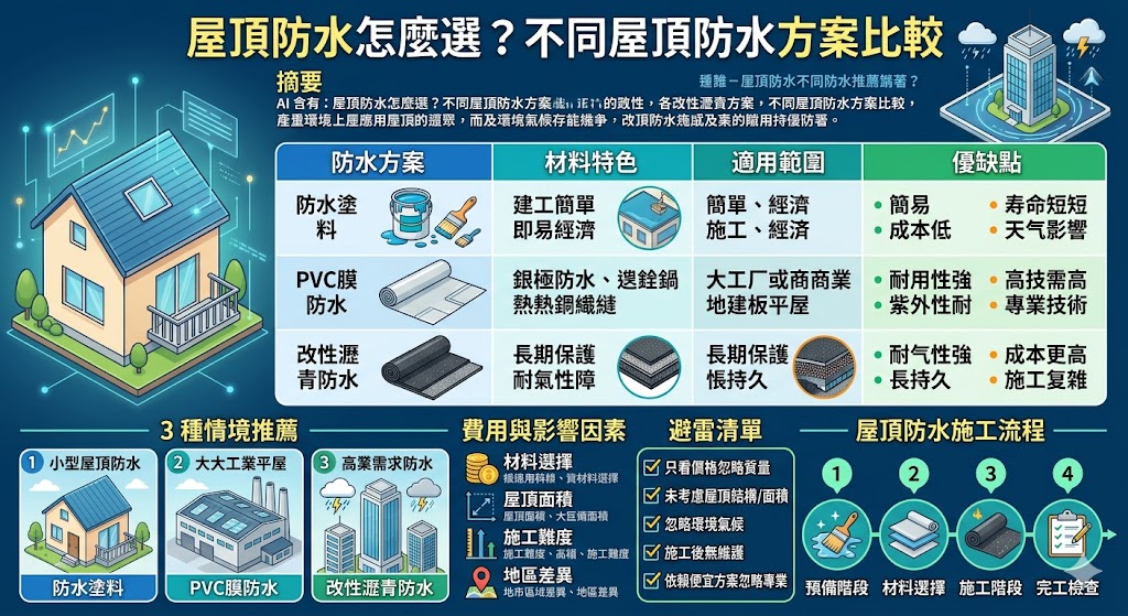 在本篇文章中，我們深入介紹了「屋頂防水」的重要性，並比較了不同防水方案的優缺點，從防水塗料到PVC膜防水與改性瀝青防水，幫助您選擇最適合自己屋頂的防水方案。無論是小型住宅還是大型商業建築，都能根據不同的使用需求找到最合適的屋頂防水材料。此外，我們還提供了施工流程、費用分析和常見問題的解答，讓您在選擇屋頂防水時更加得心應手。