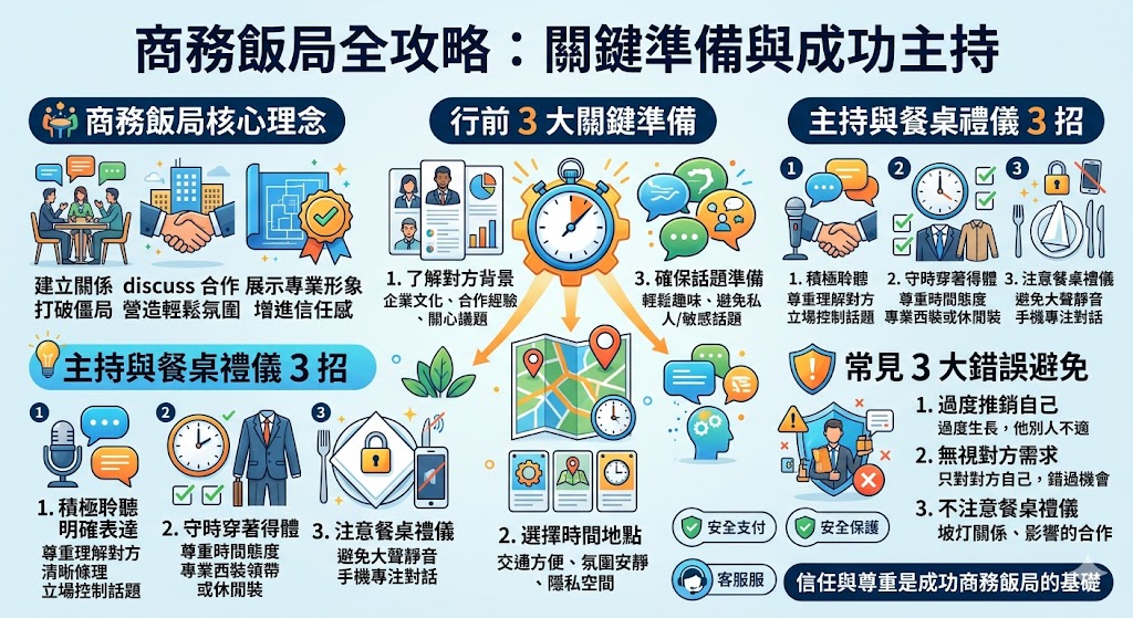 商務飯局是商業交流中非常重要的一環，它不僅是商務合作的開端，也是建立信任和加深關係的好機會。成功的商務飯局需要周詳的準備，從選擇合適的餐廳、控制飯局氛圍，到運用溝通技巧來達成商業目標。無論是討論合作計劃還是簡單的關係維護，商務飯局都能讓雙方更親近，進而促進未來的商業合作。
