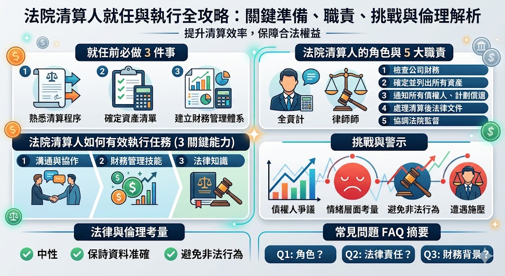 法院清算人就任是法律程序中的一個關鍵步驟，當公司或個體進入破產或清算程序時，法院清算人負責管理資產並確保所有債務被公平處理。本文詳細介紹了法院清算人的職責與角色，並探討了他們在執行清算任務過程中可能面臨的法律、財務與道德挑戰。了解法院清算人就任的過程，有助於法律從業者與相關人員提前做好準備。
