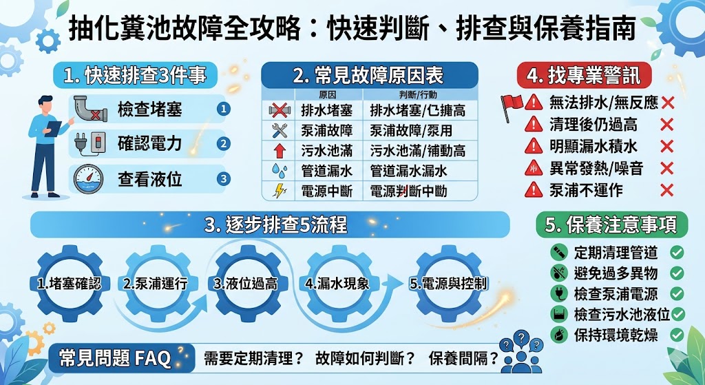 在這篇文章中,我們深入探討了抽化糞池的常見問題與維修方式。了解抽化糞池故障的原因,能幫助您快速進行故障排查和修復。從排水管道堵塞、泵浦故障到污水池過滿等問題,本文提供了有效的解決方案。無論您是住宅還是商業用途,了解如何進行抽化糞池的日常保養,能避免未來的麻煩並延長設備使用壽命。