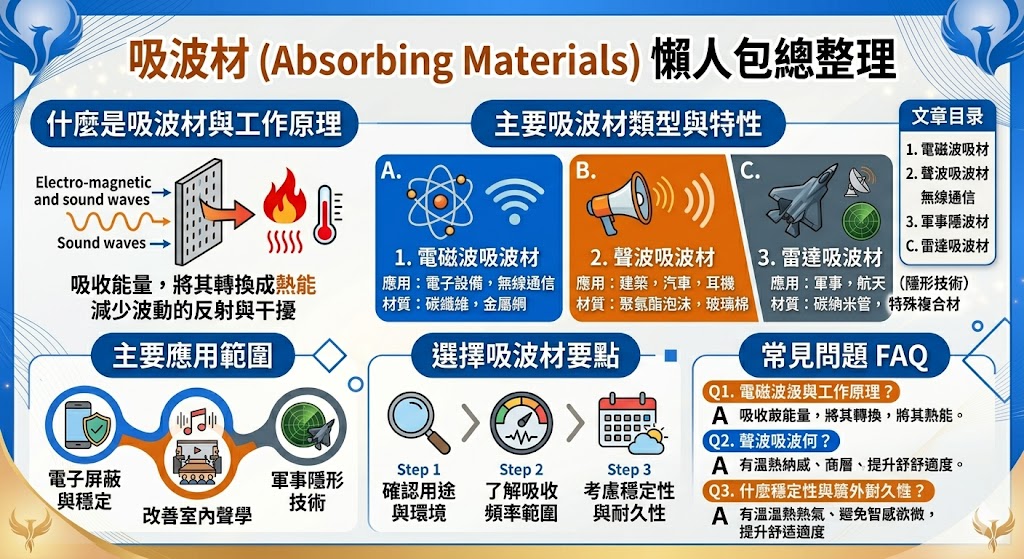 吸波材是一種廣泛應用於電子、聲學和軍事領域的材料,具有吸收電磁波、聲波和雷達波的功能。在電子設備中,它能減少干擾,提高信號穩定性;在建築中,它能有效改善聲音環境,降低噪音污染。此外,吸波材在隱形技術中也扮演重要角色。本文深入探討了不同類型的吸波材及其應用範圍,並提供選擇指南,幫助讀者選擇最適合的吸波材來滿足需求。