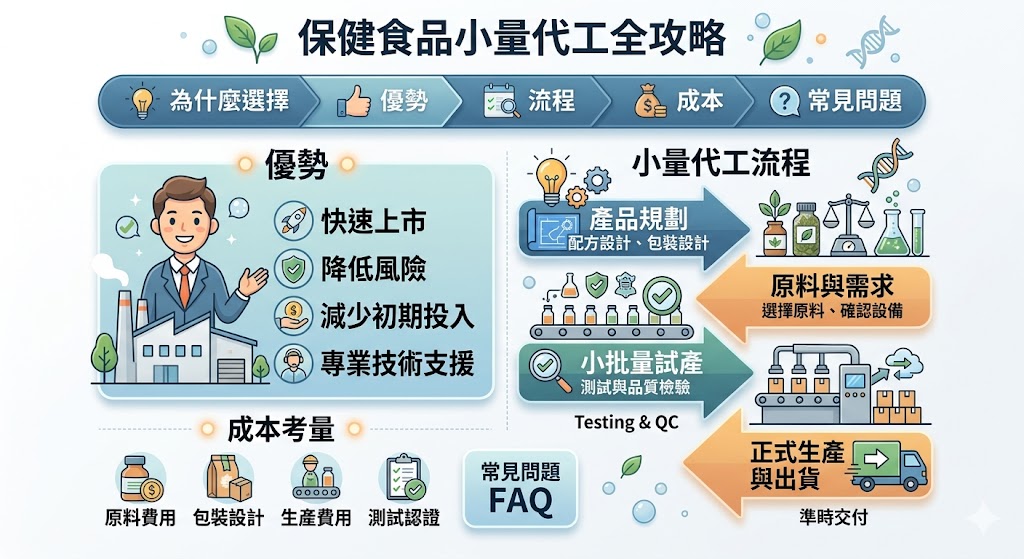 小量保健食品代工是一種高效且成本相對較低的生產方式，特別適合中小型企業或創業者。通過選擇合適的代工廠，企業可以迅速推出市場所需的保健食品，並進行市場測試，而不需要投入大量資源進行研發與生產設施建設。這種方式不僅能夠降低初期成本，還能提高市場反應速度。選擇小量保健食品代工，可以幫助企業在保持高品質的同時，靈活應對市場需求。