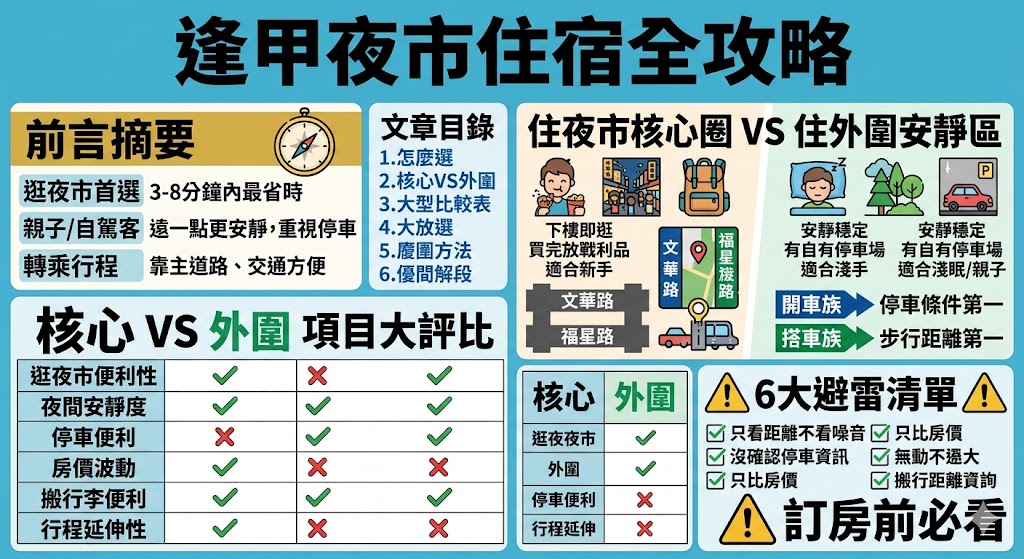 想找適合自己的逢甲夜市住宿，不能只看離夜市近不近。這篇文章整理住在夜市核心圈與外圍安靜區的差異，從交通便利性、停車需求、住宿安靜度、價格落點到適合族群一次比較，幫你快速判斷哪一種逢甲夜市住宿更符合你的旅遊習慣。不管你是第一次到台中、親子出遊、自駕旅行，還是想安排兩天一夜行程，都能透過這篇找到更適合的逢甲夜市住宿選擇