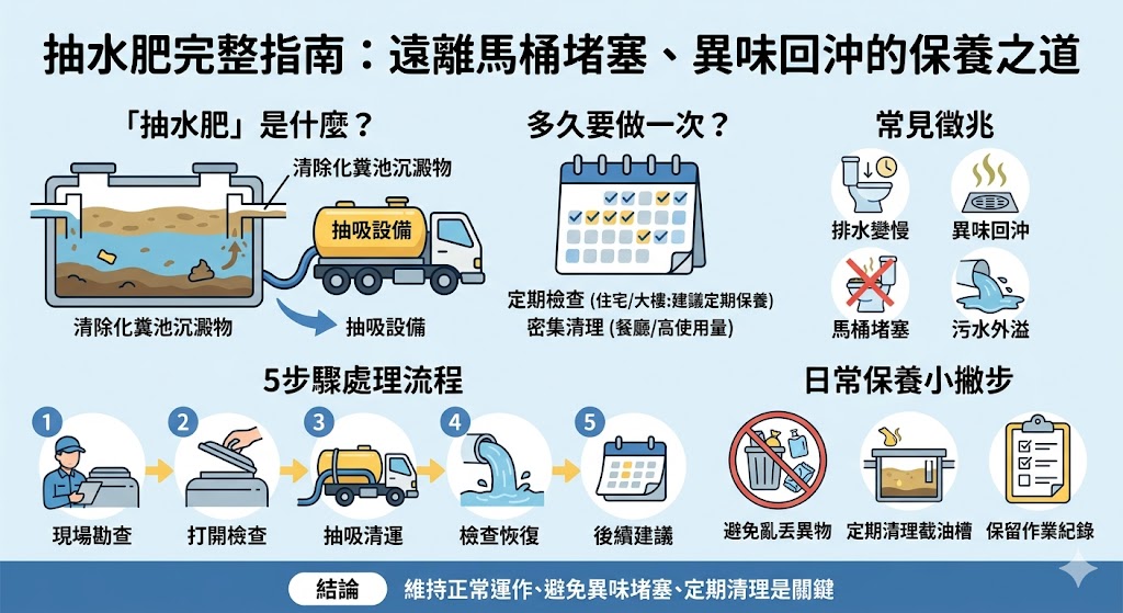 抽水肥是維持化糞池、污水池與排污系統正常運作的重要清潔作業。若長期未抽水肥，容易出現異味、排水變慢、馬桶堵塞甚至污水回流。本文整理抽水肥的適用場所、常見徵兆、作業流程、費用影響因素與日常保養重點，幫助你快速了解抽水肥該怎麼安排。