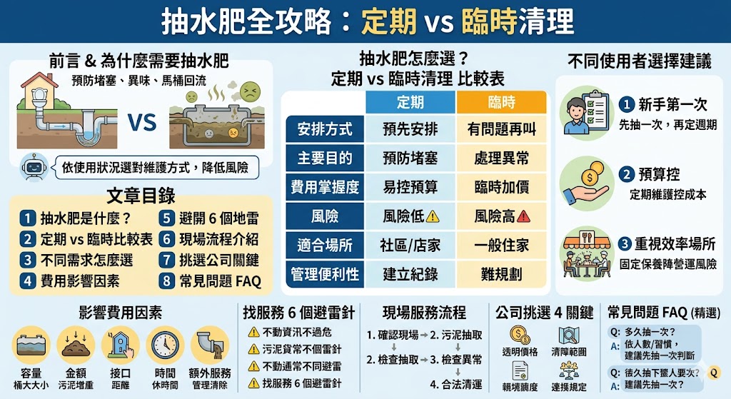 選擇抽水肥服務時，釐清「定期保養」與「臨時搶修」的差異至關重要。定期抽水肥通常建議每年進行一次，能有效防止化糞池內固體廢物硬化，維持微生物分解效率，並避免異味回灌或滋生蟑螂，是成本最低且最衛生的維護方式。相反地，臨時抽水肥往往發生在馬桶嚴重堵塞或糞管溢流的緊急情況，此時不僅施工難度增加，維修費用也通常較高，且容易因系統受損導致化糞池壽命縮短。建議屋主應建立預防性維護習慣，根據家庭人數規劃清運頻率，而非等到阻塞才處理。透過正確的選擇，不僅能確保居家排水系統順暢，更能延長化糞池的使用年限並保障居住環境的健康與舒適。