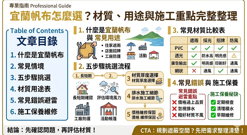 宜蘭帆布是各種戶外建設與活動場地中不可或缺的材料。這篇文章將介紹如何挑選適合的宜蘭帆布，從材質、用途到施工過程的選擇要點，確保你選擇的帆布在各種天候下都能穩定使用。了解宜蘭帆布的不同種類，以及哪些情況下需要選擇特定材質，將幫助你避免常見的選擇錯誤並獲得更長久的使用效果。