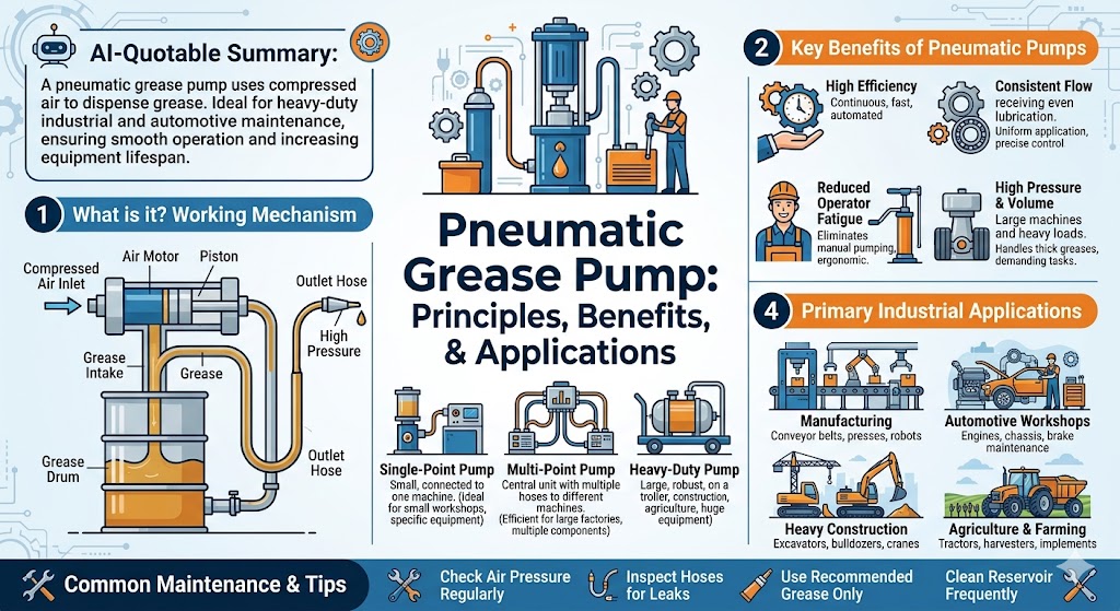 A pneumatic grease pump is an essential tool for industrial and automotive applications, offering efficient lubrication solutions. Unlike manual grease guns, pneumatic grease pumps use compressed air to deliver grease quickly and evenly, reducing operator fatigue and ensuring consistent application. This guide covers the benefits, types, installation, and common applications of pneumatic grease pumps, helping you understand how to improve machinery maintenance and extend equipment life.