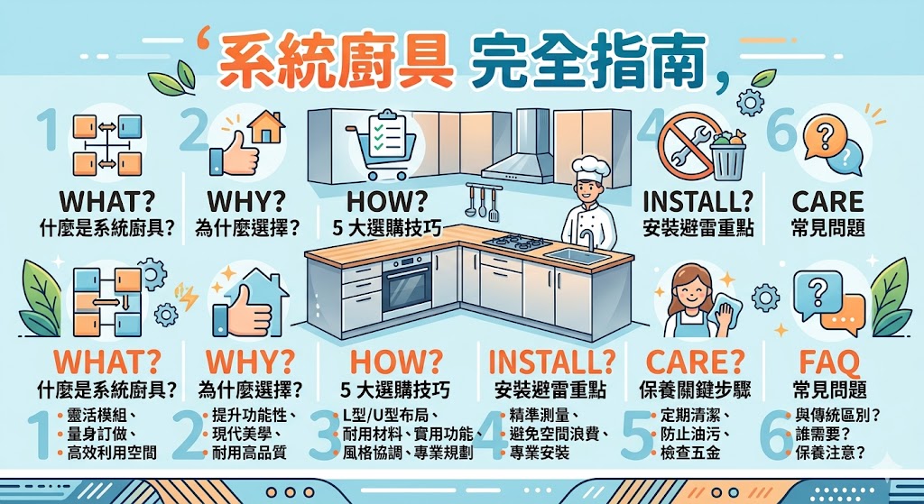 系統廚具是一種量身定做的廚房設備系統，旨在提高廚房空間的利用率與功能性。根據家庭需求，系統廚具能夠提供最佳的儲物、操作空間，並且以現代化設計提升廚房美學。選擇合適的系統廚具能讓廚房的每一個角落都發揮最大效能，並且搭配高品質的材料，實現耐用與美觀的雙重需求。本文將帶您了解系統廚具的選擇、設計及安裝要點，幫助您打造理想的廚房空間。