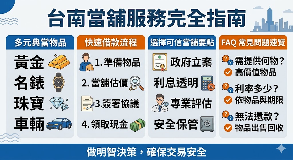 台南當舖提供各種典當服務，包括黃金、名錶等高價值物品的典當貸款，解決急需資金周轉的問題。無論是個人還是小型企業，都能從中獲得便捷的短期借款選項。台南當舖的借款服務通常不需要繁瑣的手續，並能提供靈活的借款條件，讓您輕鬆解決眼前的財務困境。了解如何選擇台南當舖，並掌握借款流程，能幫助您更明智地使用這些服務。